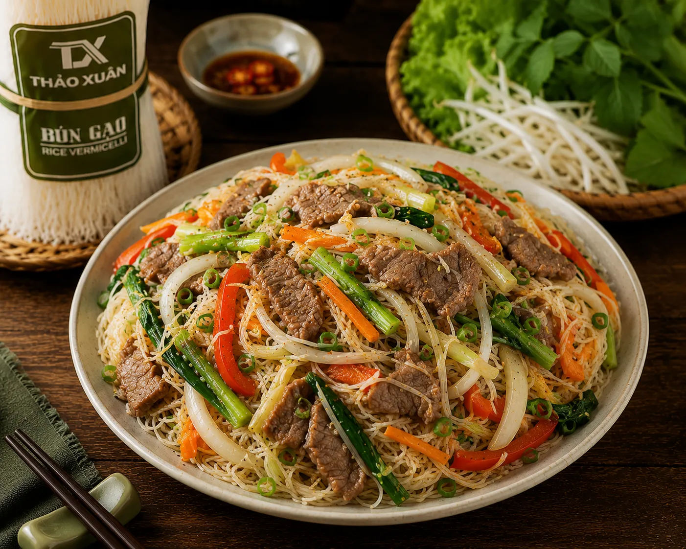 Thịt bò mềm ngọt kết hợp cùng rau cải tươi xanh và sợi bún dai tạo nên món ăn thơm ngon, hấp dẫn.