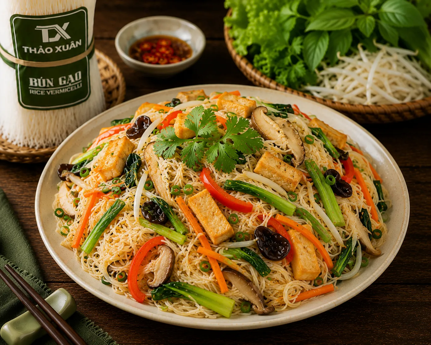 Đối với người yêu thích các món ăn thanh đạm, bún gạo xào chay là lựa chọn đáng thử.
