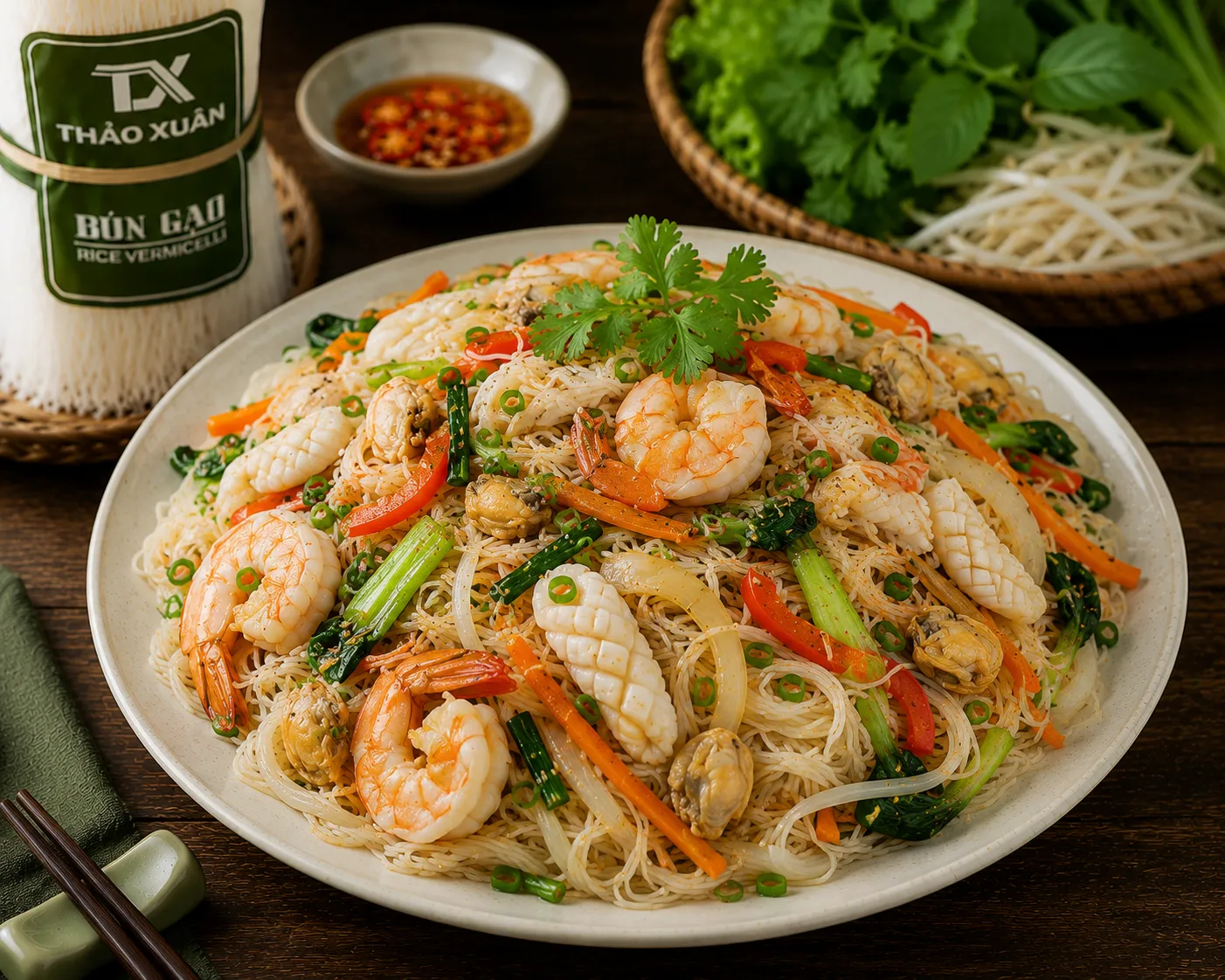 Bún gạo khô xào hải sản hấp dẫn với hương vị đậm đà và giàu dinh dưỡng.