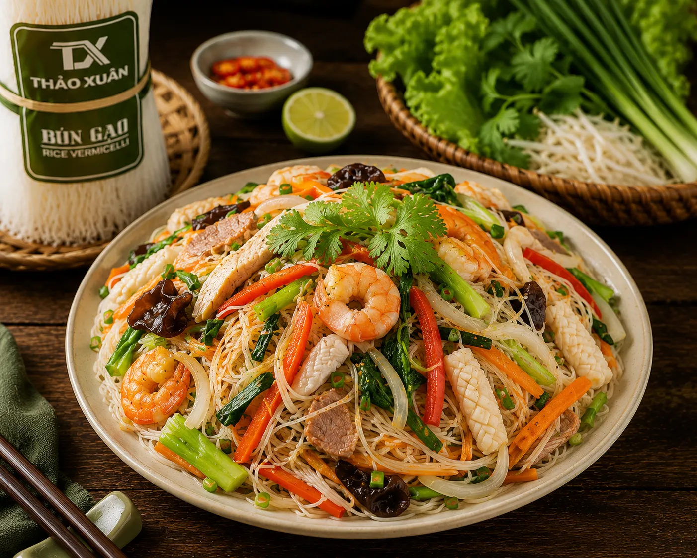 Bún gạo khô xào thập cẩm là món ăn dễ làm, phù hợp cho cả gia đình.