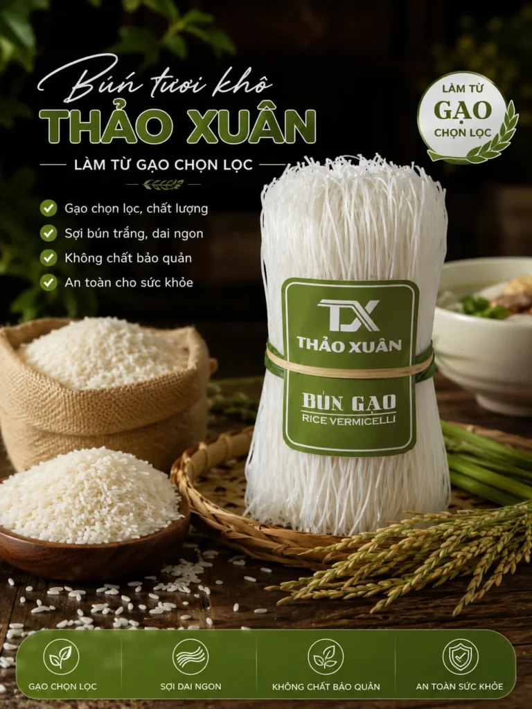 Bún tươi khô được sản xuất từ gạo, tạo sợi và sấy khô giúp kéo dài thời gian bảo quản nhưng vẫn giữ được độ dai ngon.