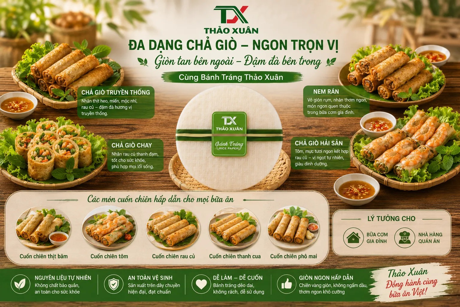 Bánh tráng chả giò giúp thành phẩm vàng đẹp, giòn lâu và hạn chế hút dầu.