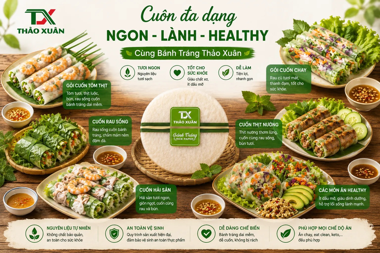 Bánh tráng gỏi cuốn được sử dụng phổ biến trong các món cuốn healthy và món cuốn truyền thống Việt Nam.