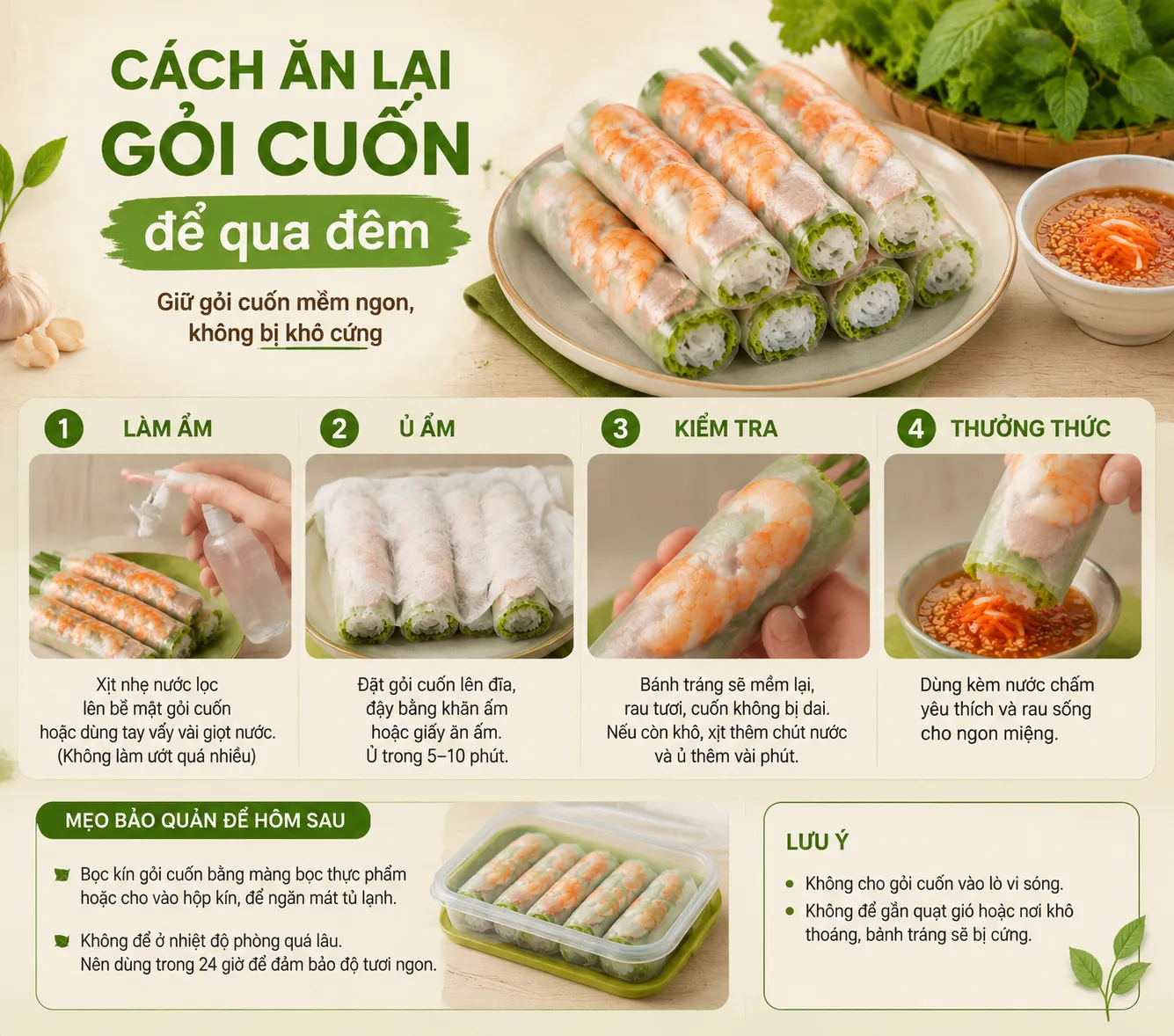 Quy trình ăn lại gỏi cuốn đúng cách giúp hạn chế giảm chất lượng sau khi bảo quản qua đêm.