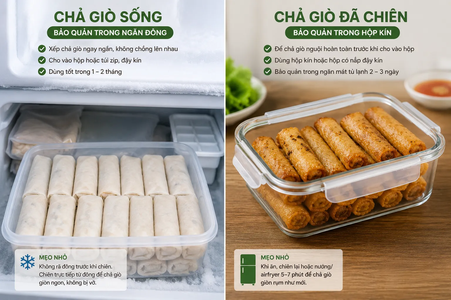 Bảo quản đúng cách giúp chả giò giữ được độ tươi ngon, thuận tiện cho việc chế biến và sử dụng trong nhiều ngày.