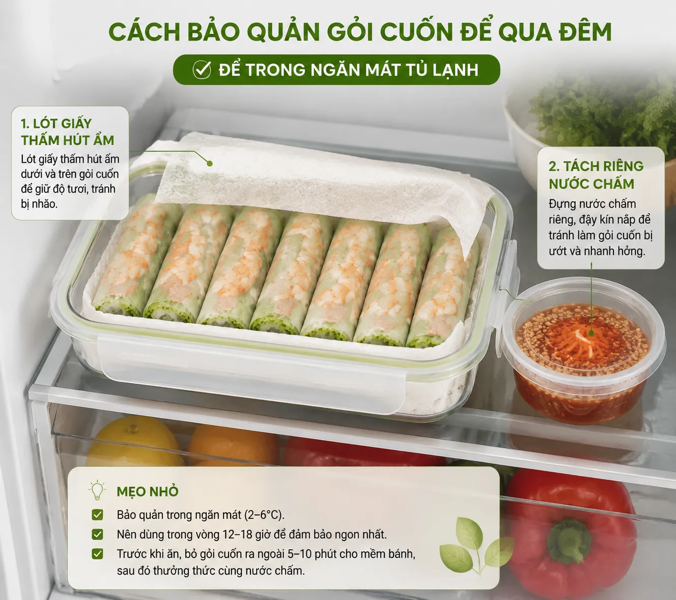 Quy trình bảo quản đúng giúp hạn chế tối đa tình trạng gỏi cuốn bị khô, hỏng khi để qua đêm.