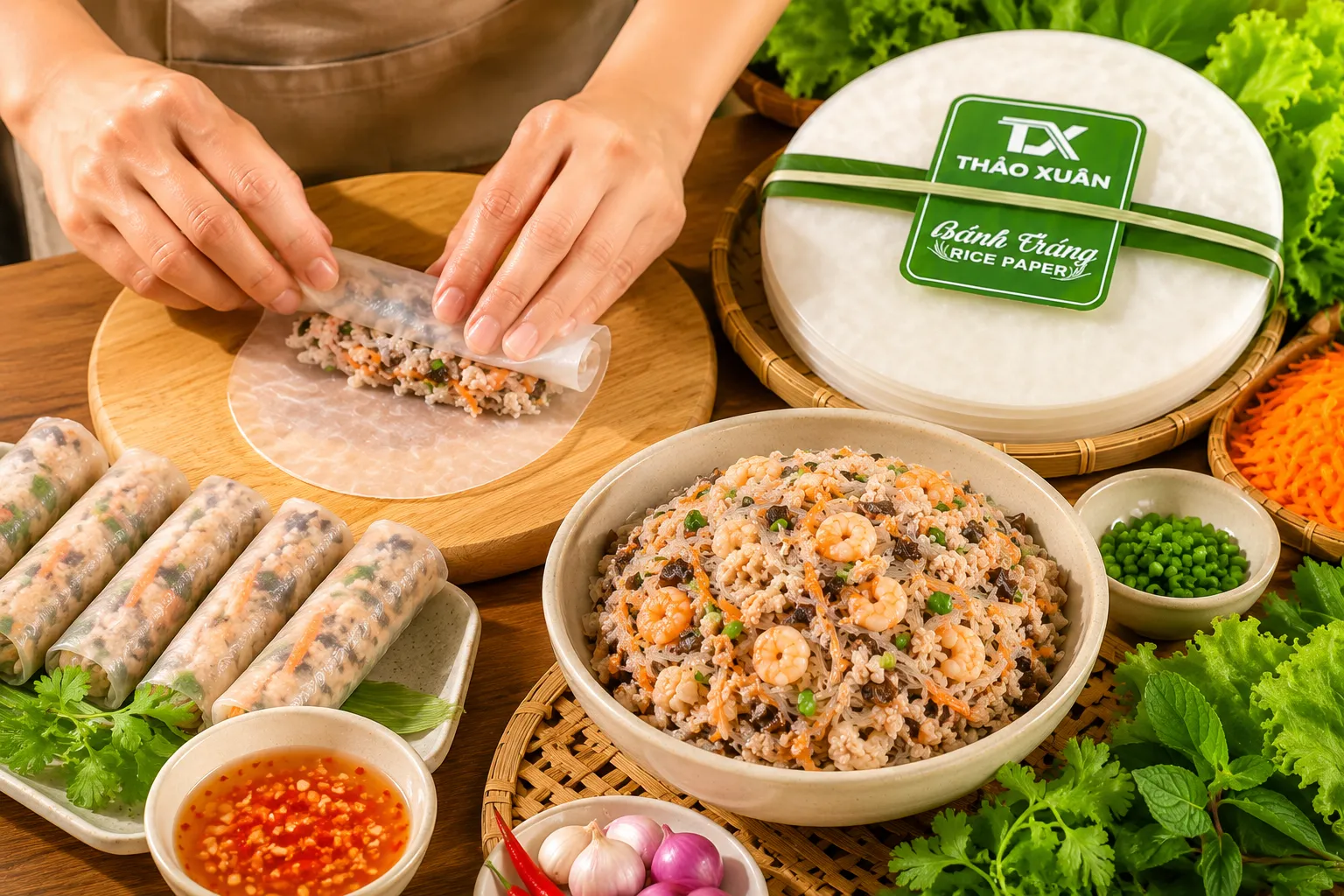 Bánh Tráng Chả Giò Thảo Xuân giúp cuốn dễ dàng, hạn chế rách và tạo hình đẹp mắt.
