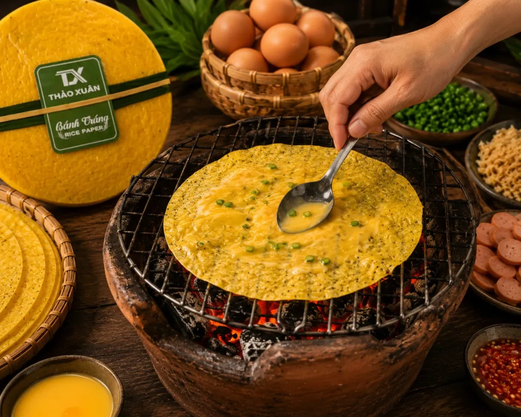 Trải đều trứng lên mặt bánh là bước quan trọng trong cách làm bánh tráng nghệ nướng.