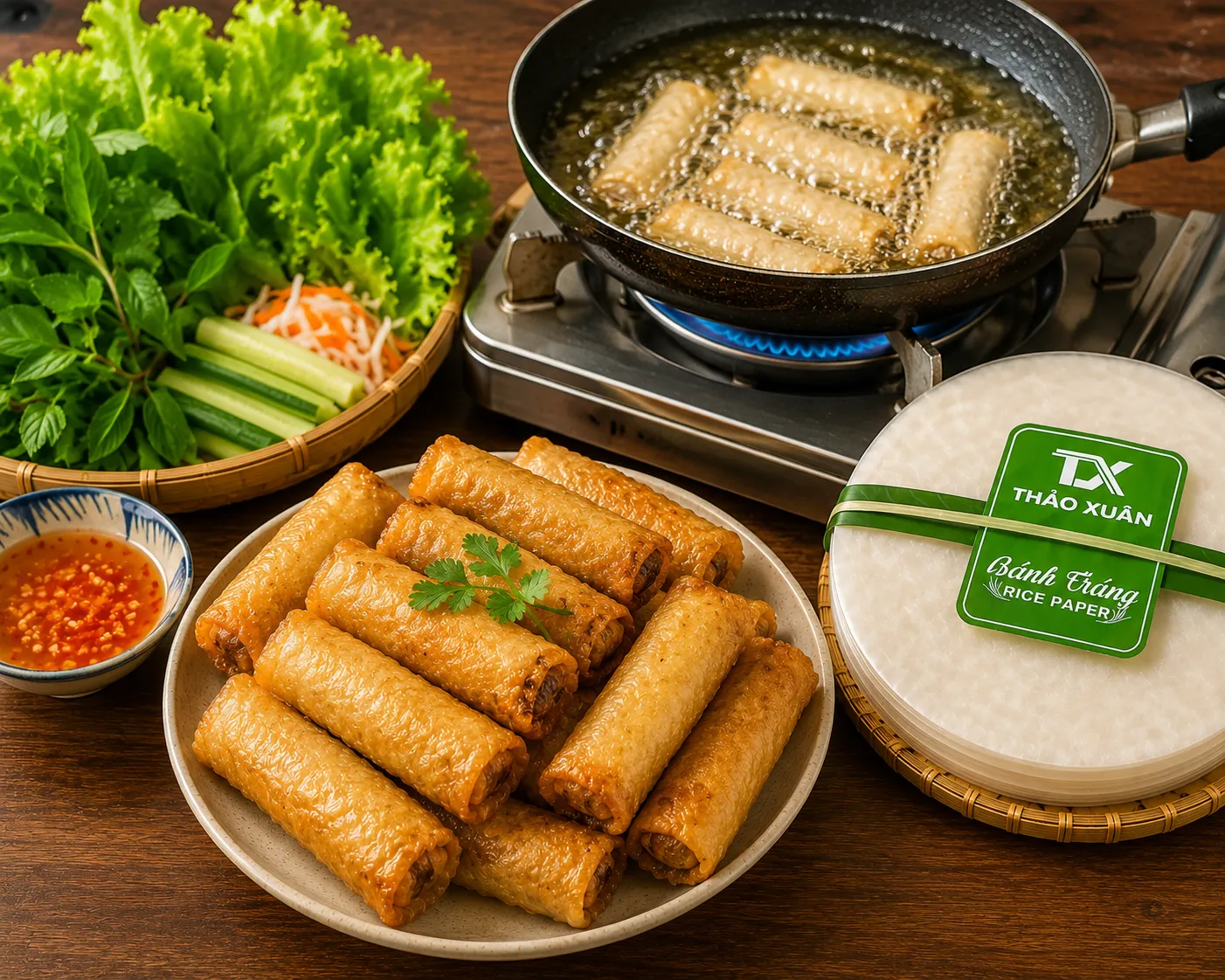 Thành phẩm chả giò vàng đều, giòn rụm và hấp dẫn sau khi áp dụng đúng kỹ thuật chế biến.