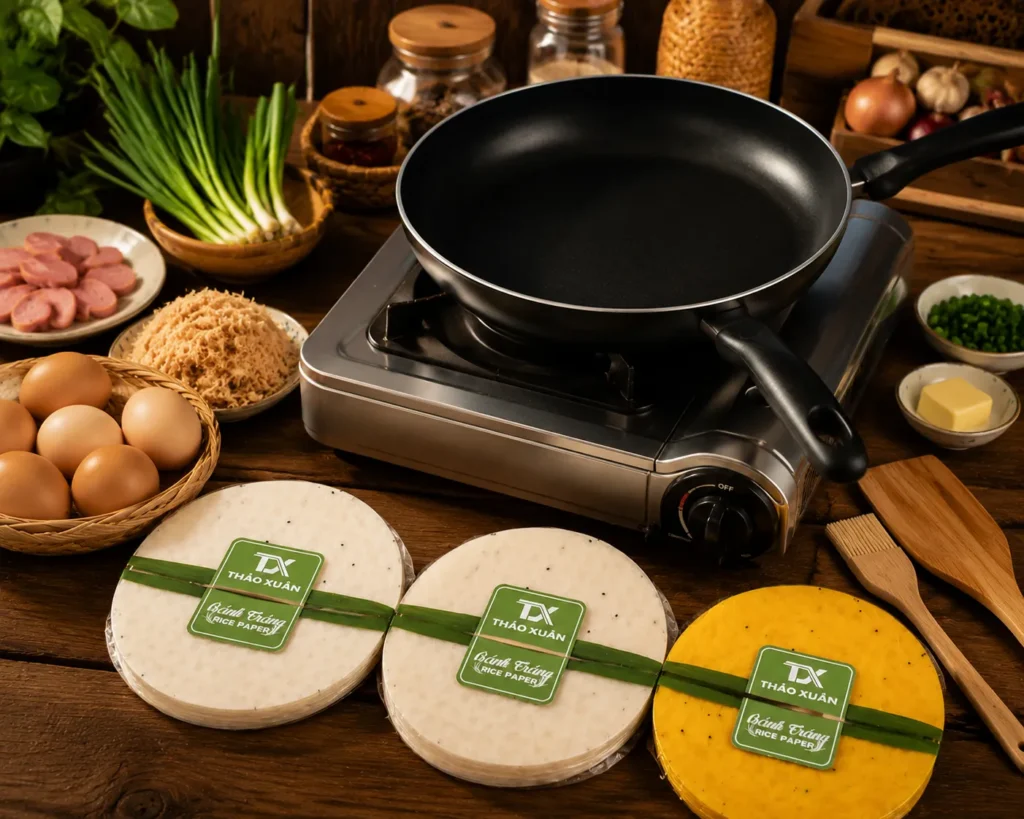 Chảo chống dính là dụng cụ giúp bánh tráng chín đều và hạn chế cháy khi nướng.