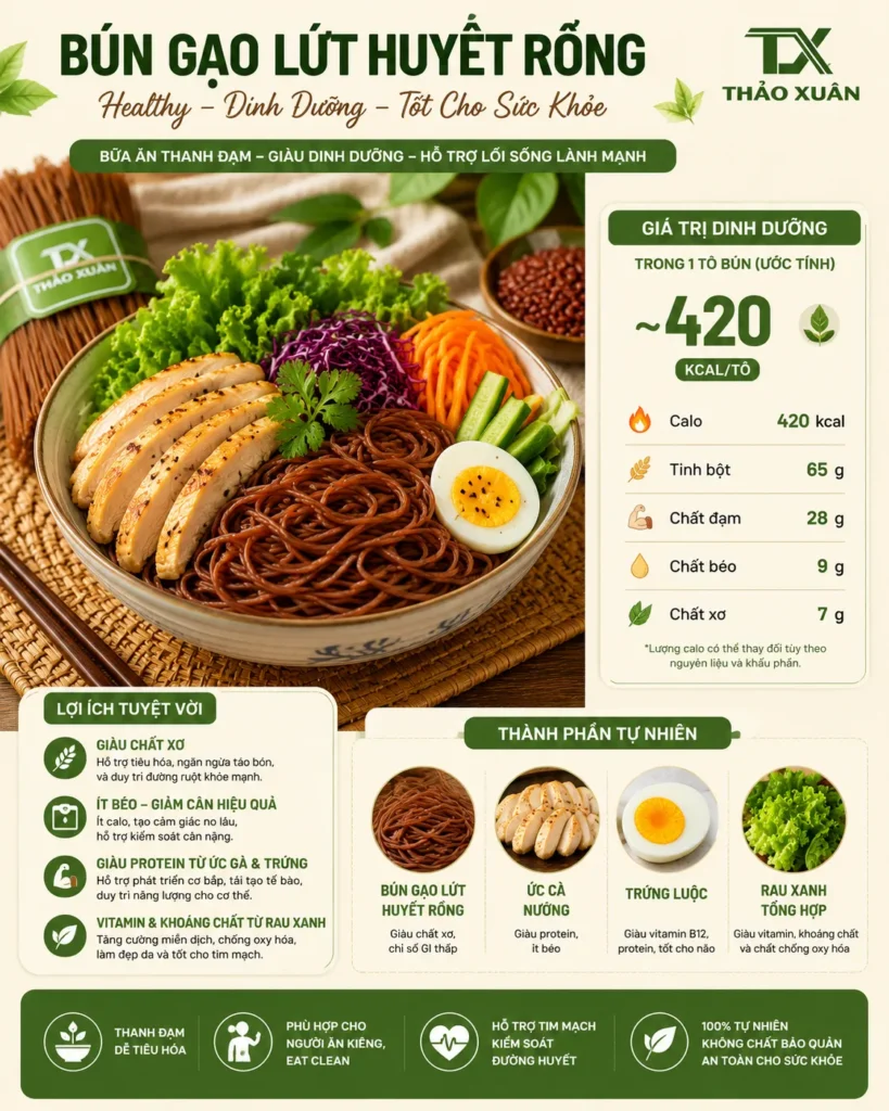 Bún gạo lứt huyết rồng cung cấp carbohydrate phức hợp, chất xơ và nhiều khoáng chất cần thiết cho cơ thể.