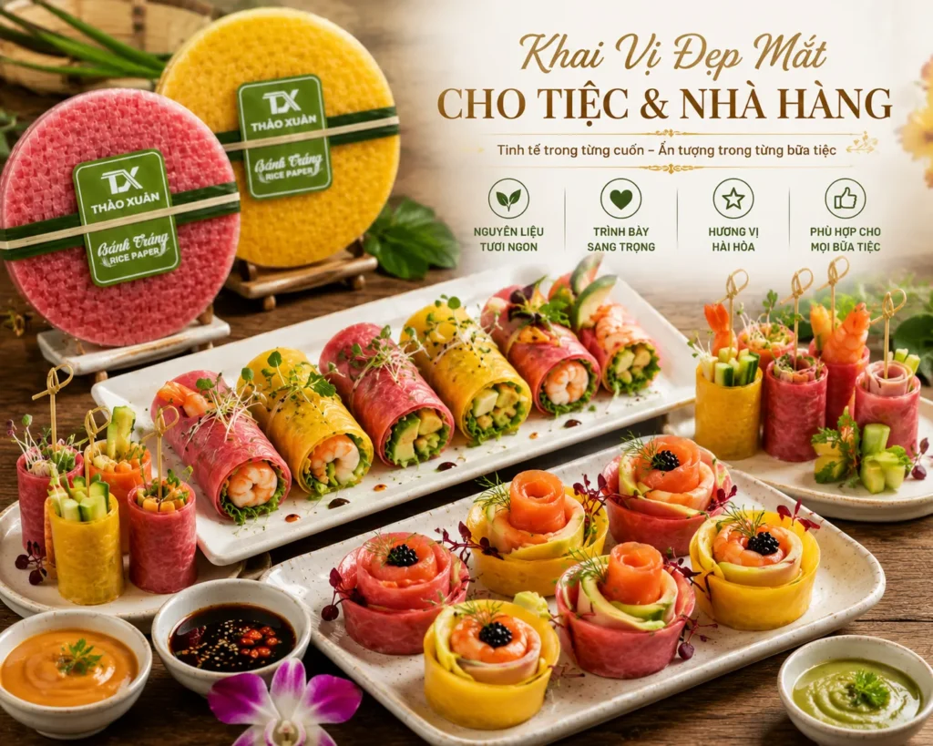 Bánh tráng từ rau củ có thể chế biến thành nhiều món ăn khai vị đẹp mắt