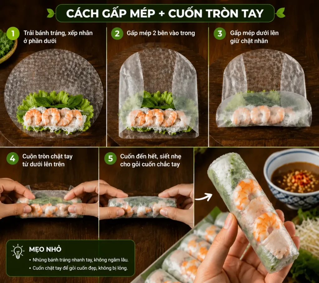 Kỹ thuật cuốn gỏi đúng cách giúp bánh tráng giữ form đẹp, không bị rách khi cuốn