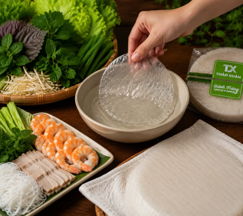 Chỉ nhúng bánh tráng 1–2 giây để đạt độ mềm vừa phải, tránh bị dính và rách