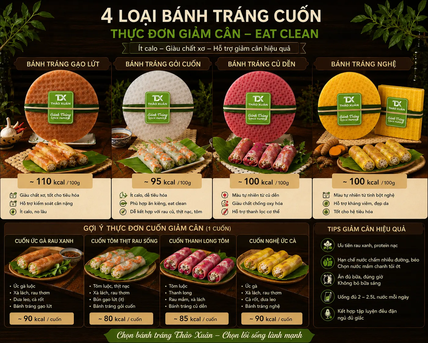 Lượng calo của bánh tráng cuốn healthy phụ thuộc vào nguyên liệu và nước chấm sử dụng.