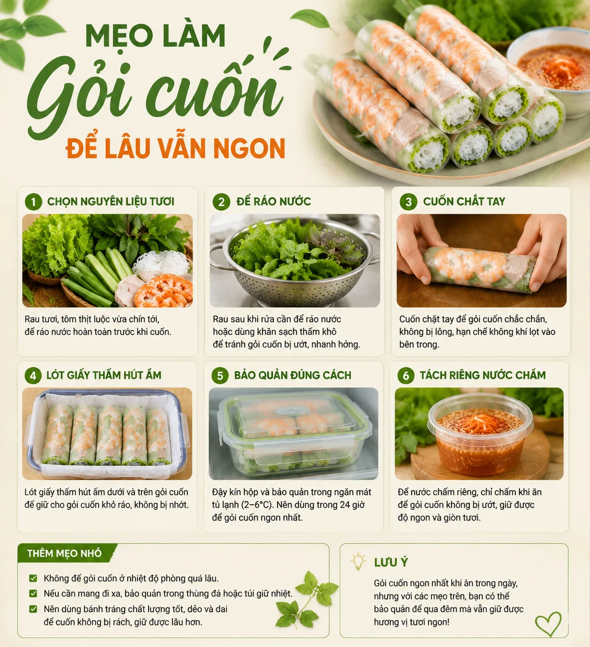 Gỏi cuốn được chuẩn bị đúng kỹ thuật sẽ giữ được độ ngon ngay cả khi cần bảo quản trong thời gian ngắn.