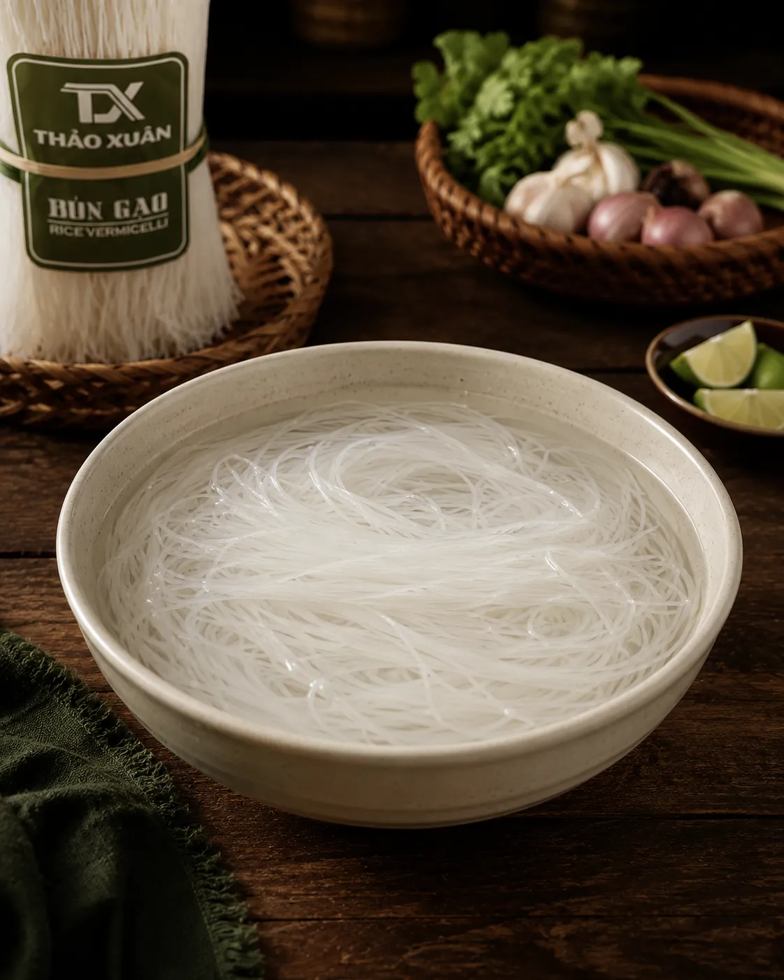 Ngâm bún gạo khô đúng cách giúp sợi bún mềm đều và giữ được độ dai khi chế biến.