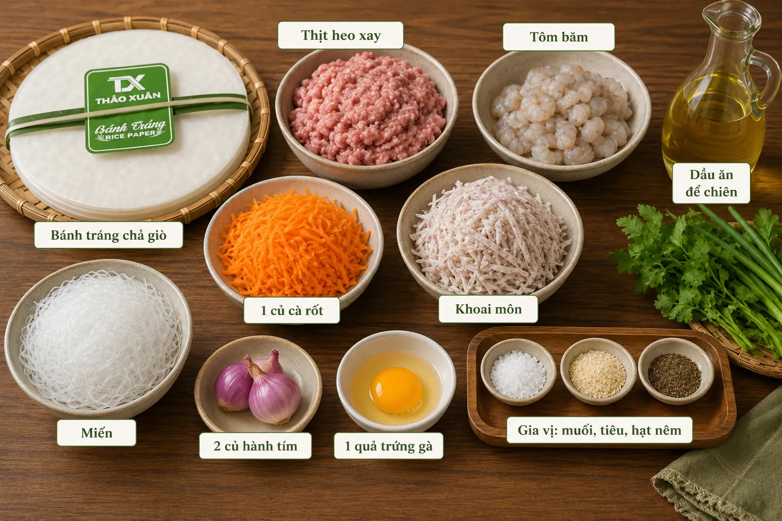 Chuẩn bị đầy đủ nguyên liệu giúp món chả giò thơm ngon, đậm đà và dễ chế biến hơn.