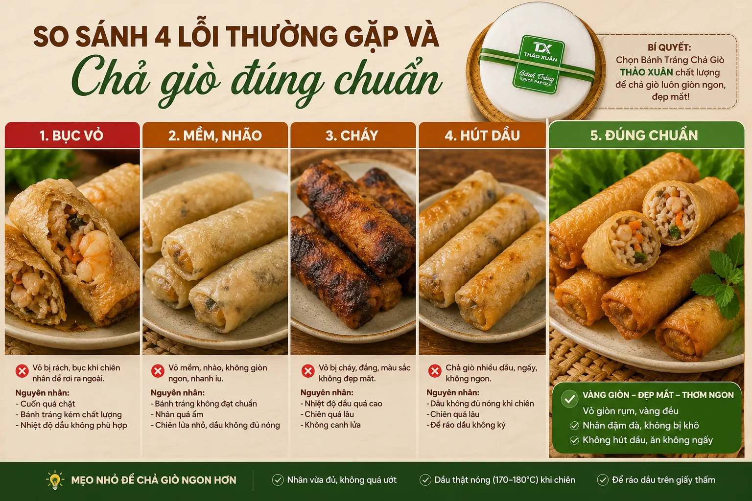Nhận biết đúng nguyên nhân và áp dụng kỹ thuật phù hợp sẽ giúp bạn làm chả giò vàng đều, giòn lâu và ít hút dầu hơn.