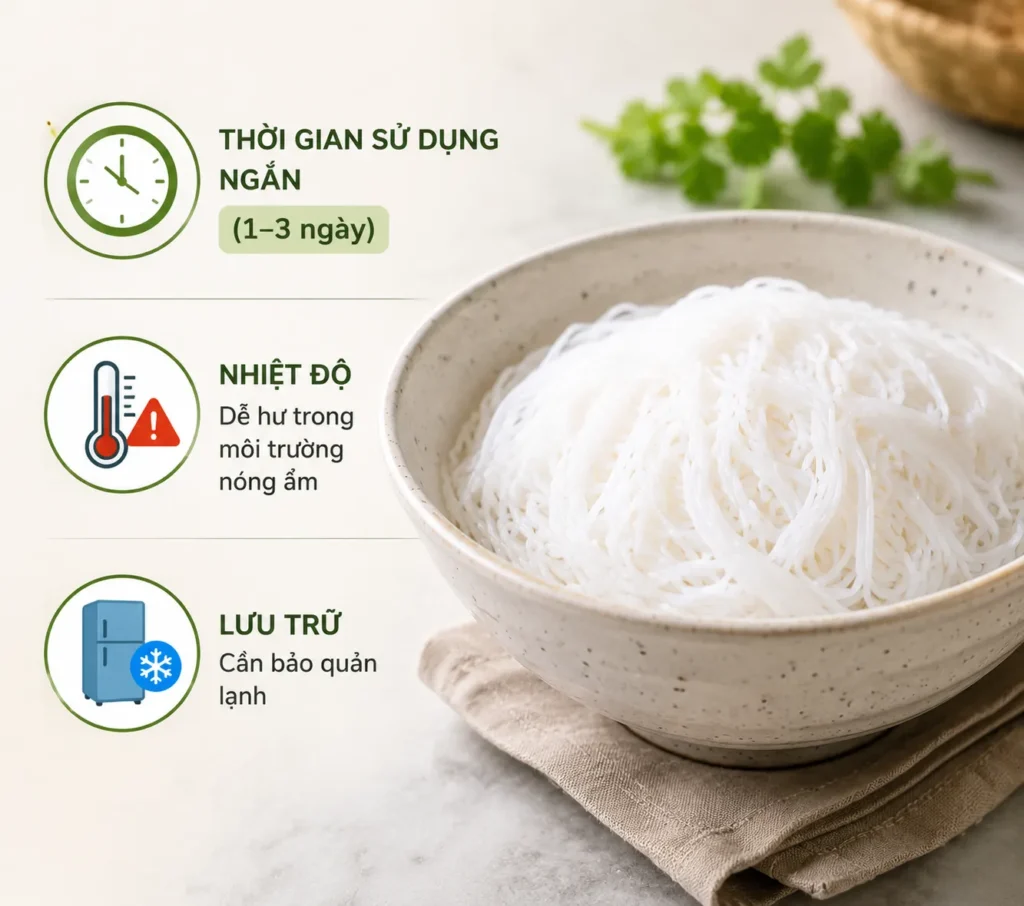 Bún tươi có thời gian bảo quản ngắn, dễ hư hỏng trong điều kiện nóng ẩm và cần được sử dụng nhanh sau khi mua.
