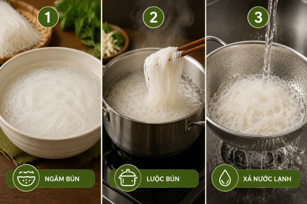 Bún tươi khô cần thêm bước xử lý trước khi ăn, khác với bún tươi có thể sử dụng ngay sau khi mua.