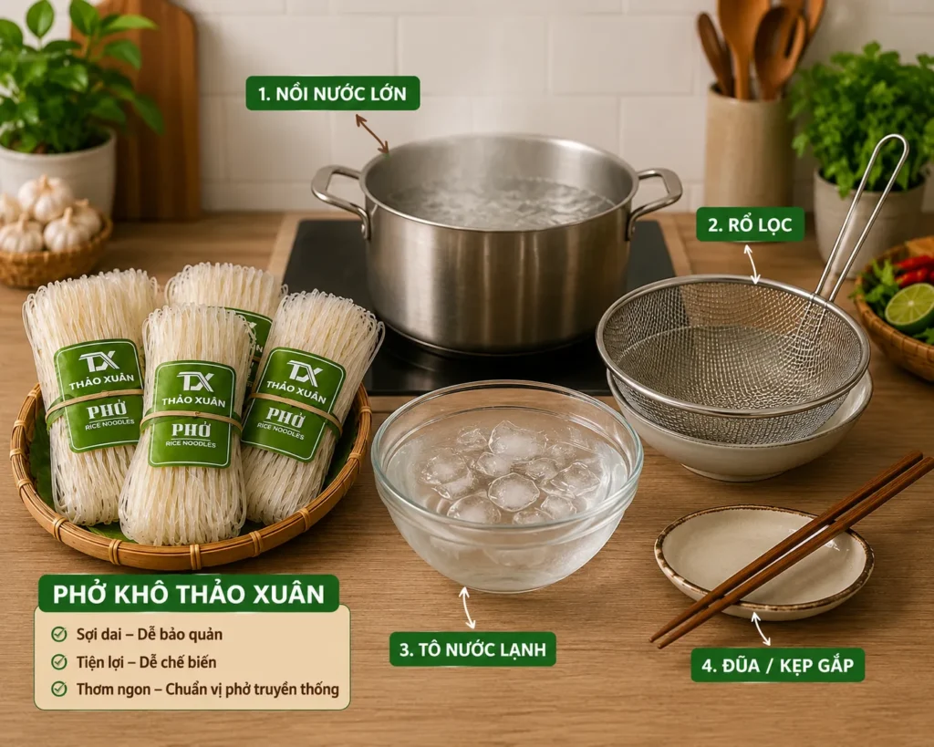 Chuẩn bị đầy đủ nguyên liệu và dụng cụ giúp quá trình luộc phở khô diễn ra nhanh chóng và đạt hiệu quả tốt nhất.