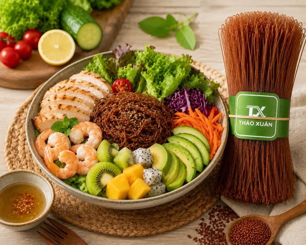Salad bún gạo lứt cung cấp dinh dưỡng đầy đủ giúp kiểm soát lượng calo