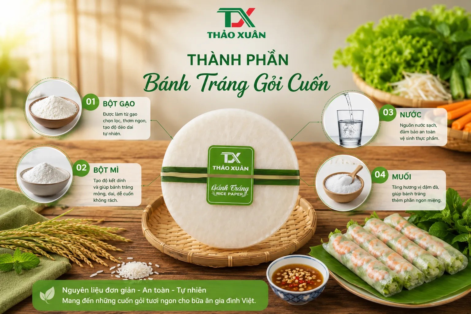 Sự kết hợp các nguyên liệu giúp bánh có độ mềm dẻo phù hợp cho các món cuốn tươi.
