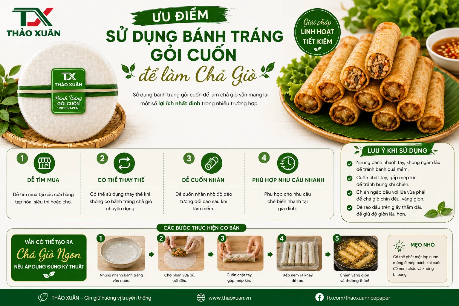 Trong nhiều trường hợp, người nội trợ vẫn có thể tạo ra những cuốn chả giò ngon bằng bánh tráng gỏi cuốn nếu áp dụng đúng kỹ thuật cuốn và chiên.