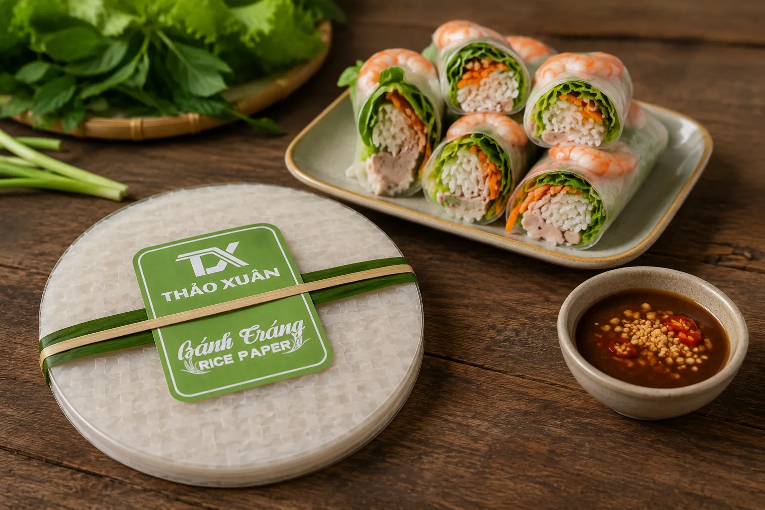 Bánh Gỏi Cuốn Thảo Xuân có độ dẻo vừa phải, mềm nhanh khi nhúng nước, ít rách và phù hợp cho nhiều món cuốn từ gia đình đến nhà hàng.