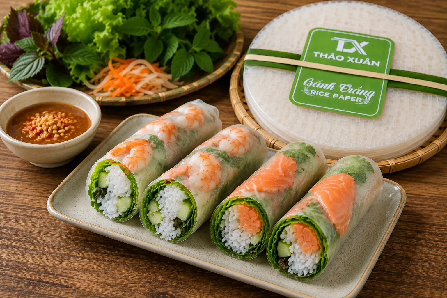 Hải sản kết hợp với bánh gỏi cuốn tạo nên món ăn tươi ngon và đẹp mắt.
