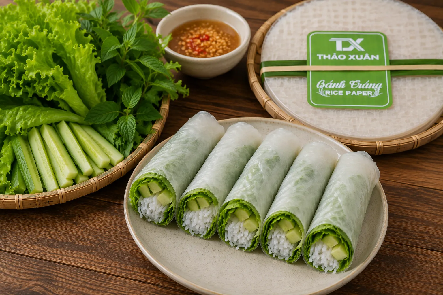 Bánh gỏi cuốn thích hợp để cuốn rau sống cho bữa ăn thanh mát và cân bằng dinh dưỡng.