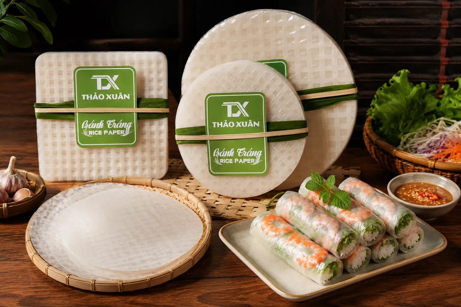 Bánh Tráng Gỏi Cuốn Thảo Xuân dẻo dai, dễ cuốn, phù hợp nhiều món cuốn.