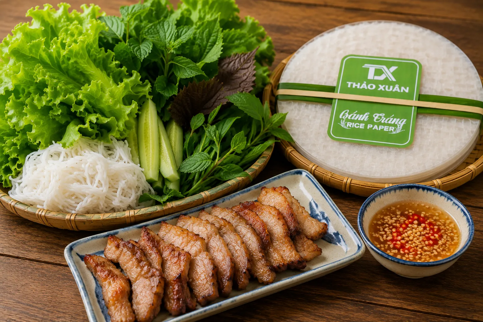 Bánh gỏi cuốn kết hợp thịt nướng tạo nên món ăn đậm đà, hấp dẫn.
