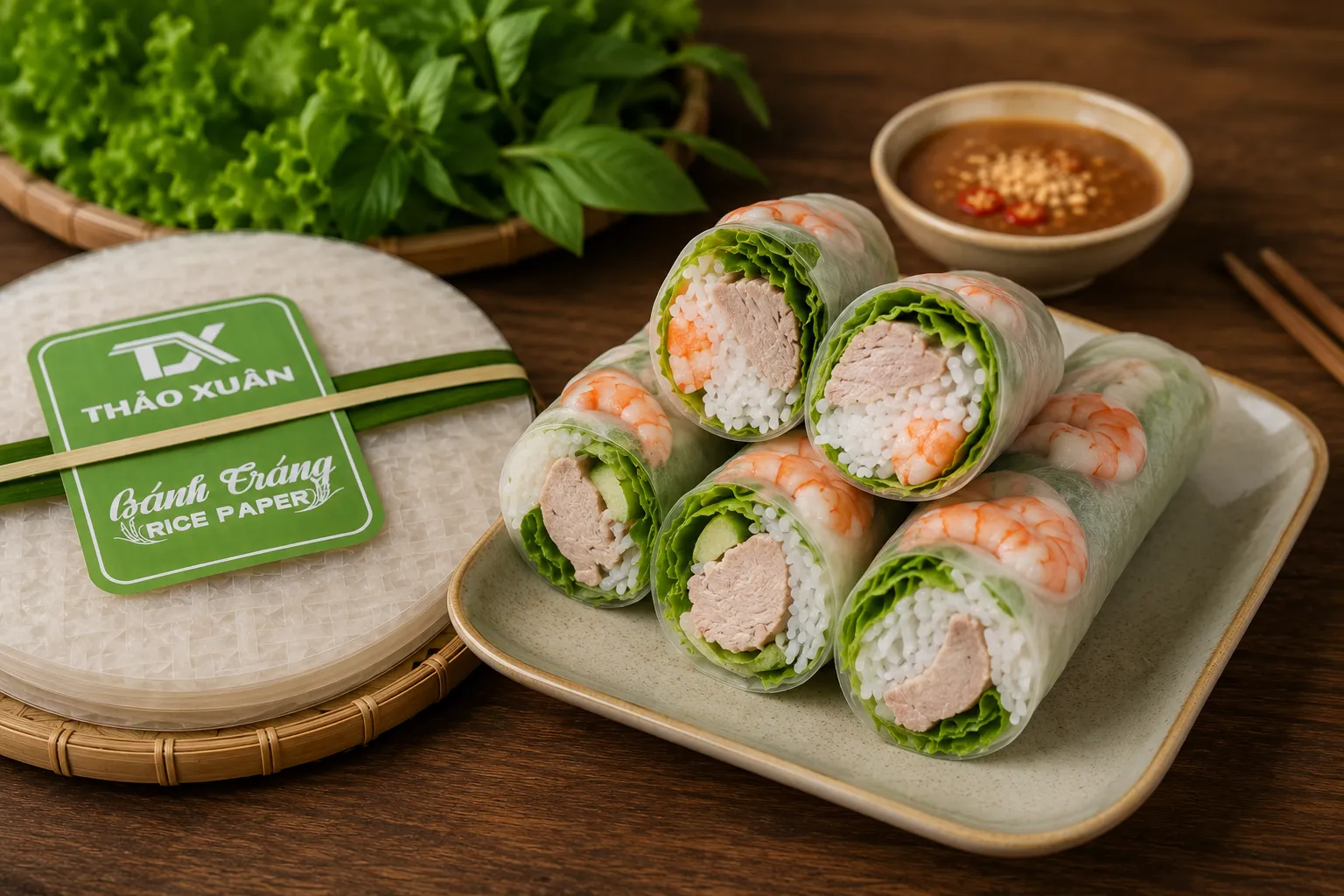 Gỏi cuốn tôm thịt là món ăn phổ biến được chế biến từ bánh gỏi cuốn Thảo Xuân.