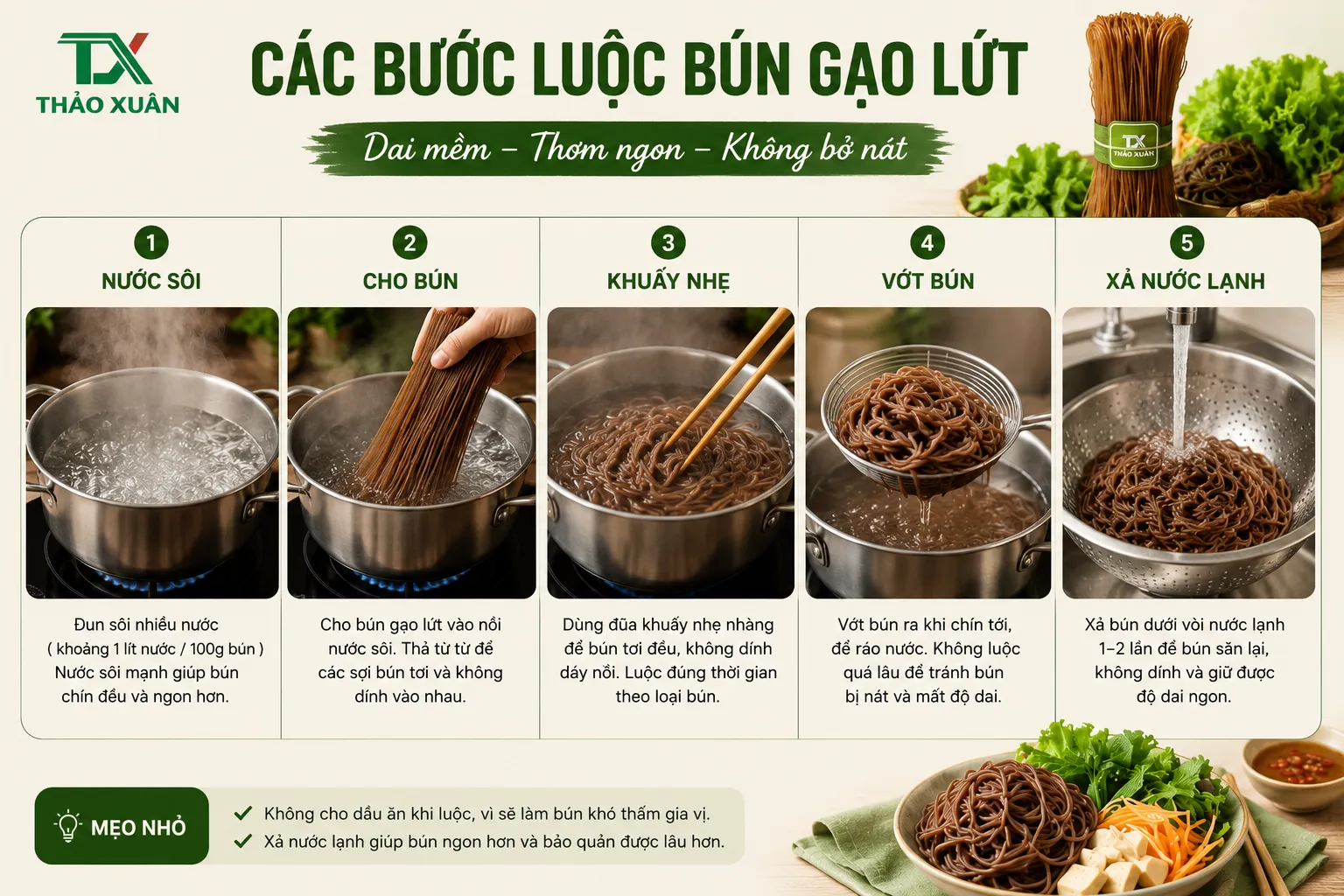Bún Gạo Lứt Luộc Bao Lâu? Thời Gian Chuẩn Để Bún Dai Ngon Không Bở 4 Thực hiện đúng các bước luộc giúp bún gạo lứt giữ được độ dai và không bị dính.