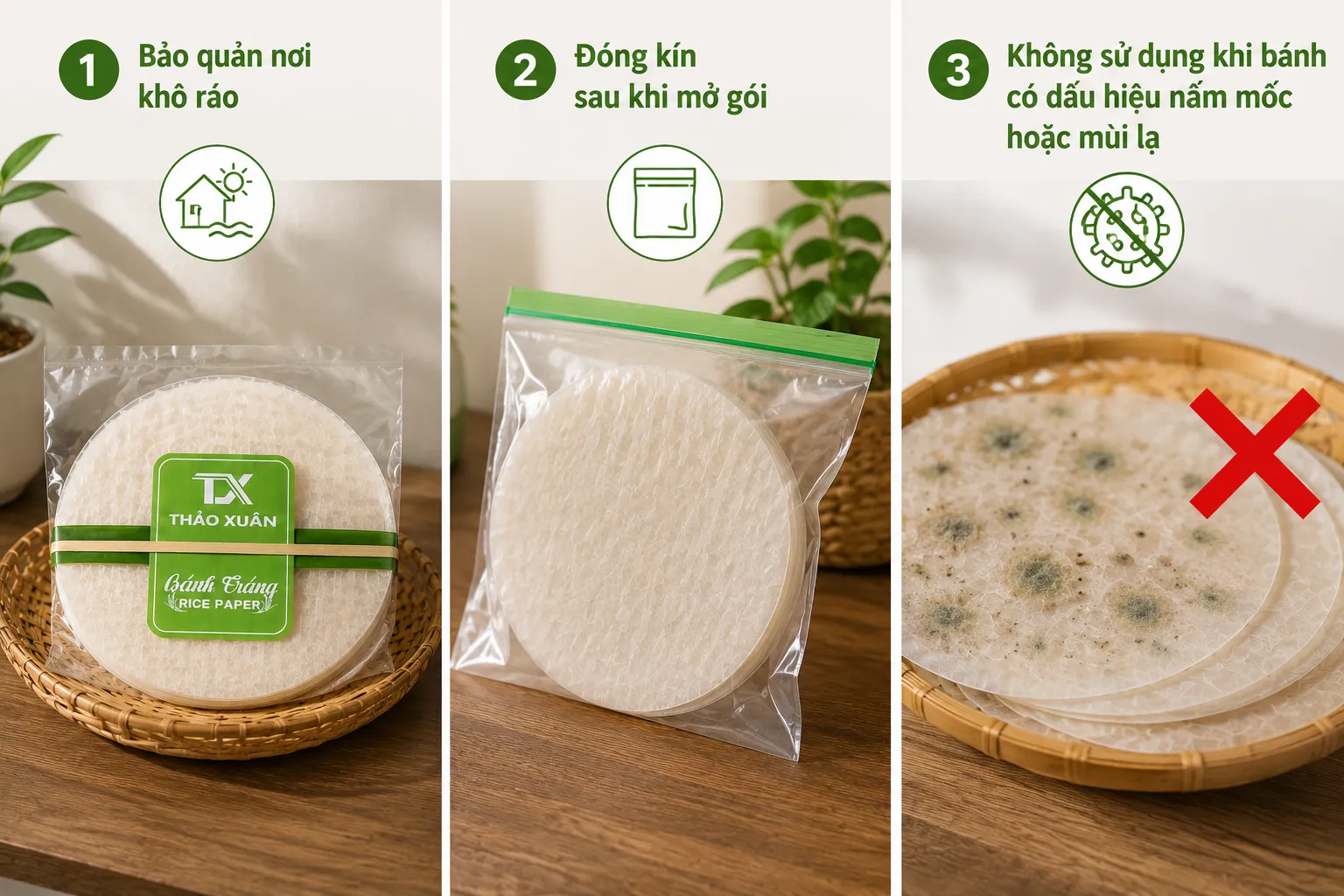 Cách bảo quản bánh tráng gỏi cuốn Thảo Xuân đúng cách giúp giữ độ dẻo, hương vị và đảm bảo an toàn thực phẩm.