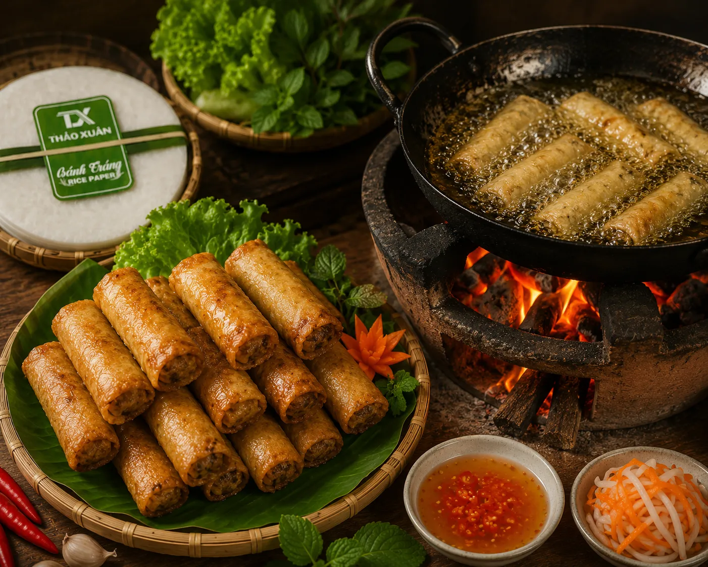 Bánh tráng cuốn chả giò giúp lớp vỏ vàng đều, giòn lâu và hạn chế hút dầu.
