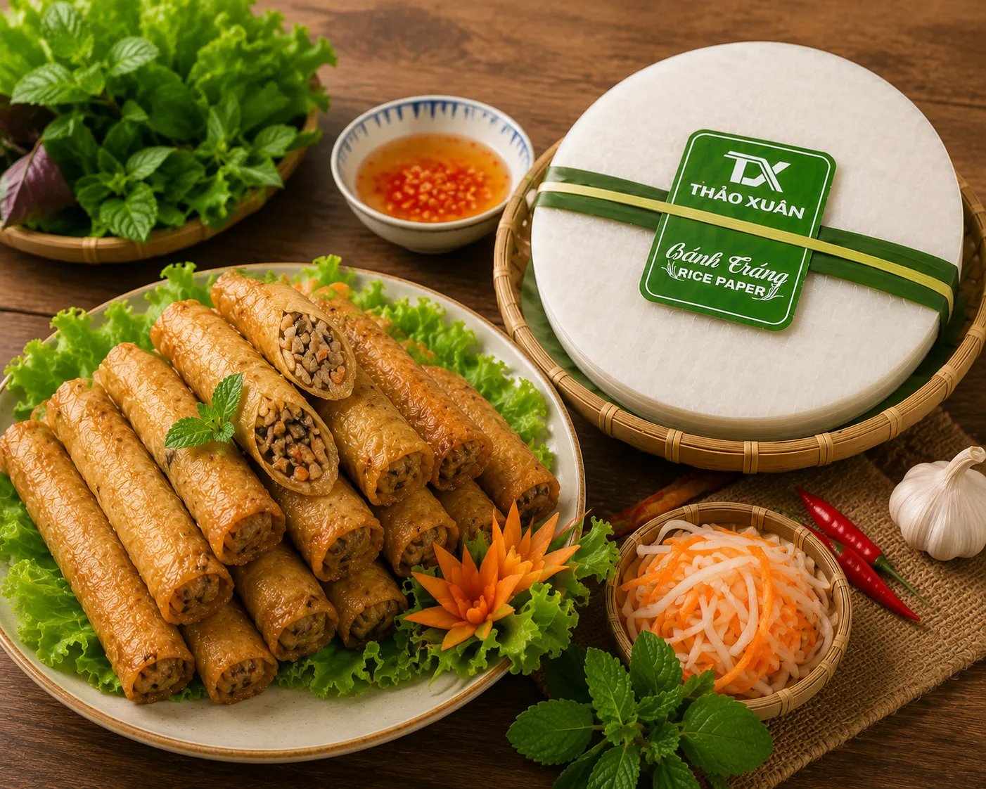 Chả giò truyền thống với lớp vỏ vàng giòn từ bánh tráng Thảo Xuân.