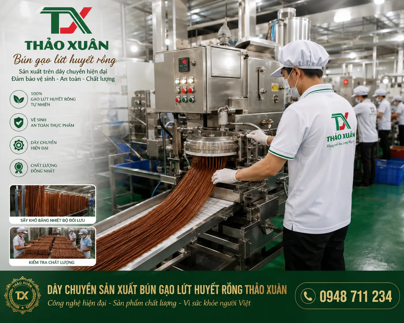 Xưởng Sản Xuất Bún Gạo Lứt Thảo Xuân – Bán Buôn, Bán Lẻ Giá Tận Xưởng 4 Dây chuyền sản xuất hiện đại giúp bún gạo lứt đạt chất lượng đồng đều.