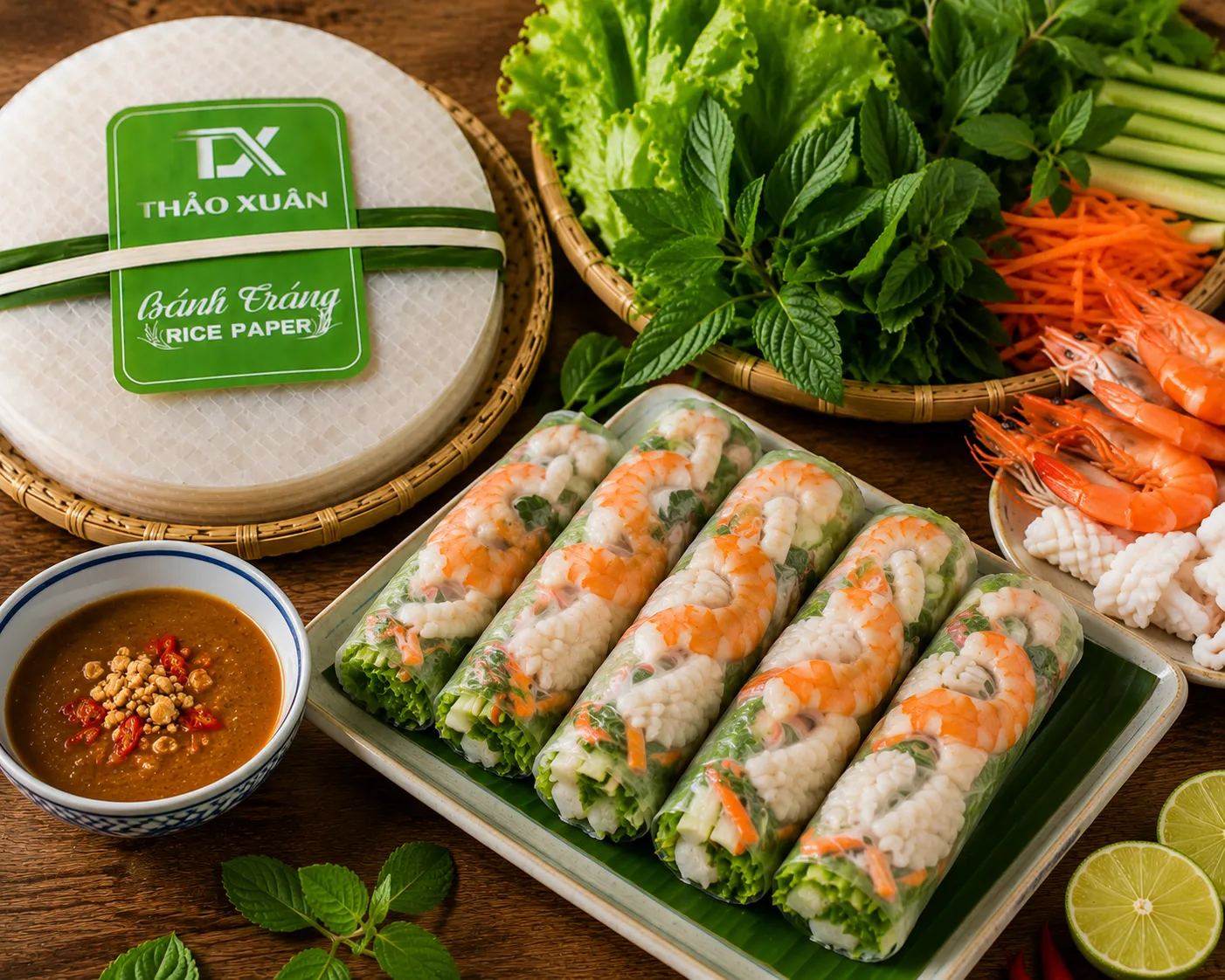 Hải sản tươi ngon cuốn cùng bánh tráng dẻo dai.
