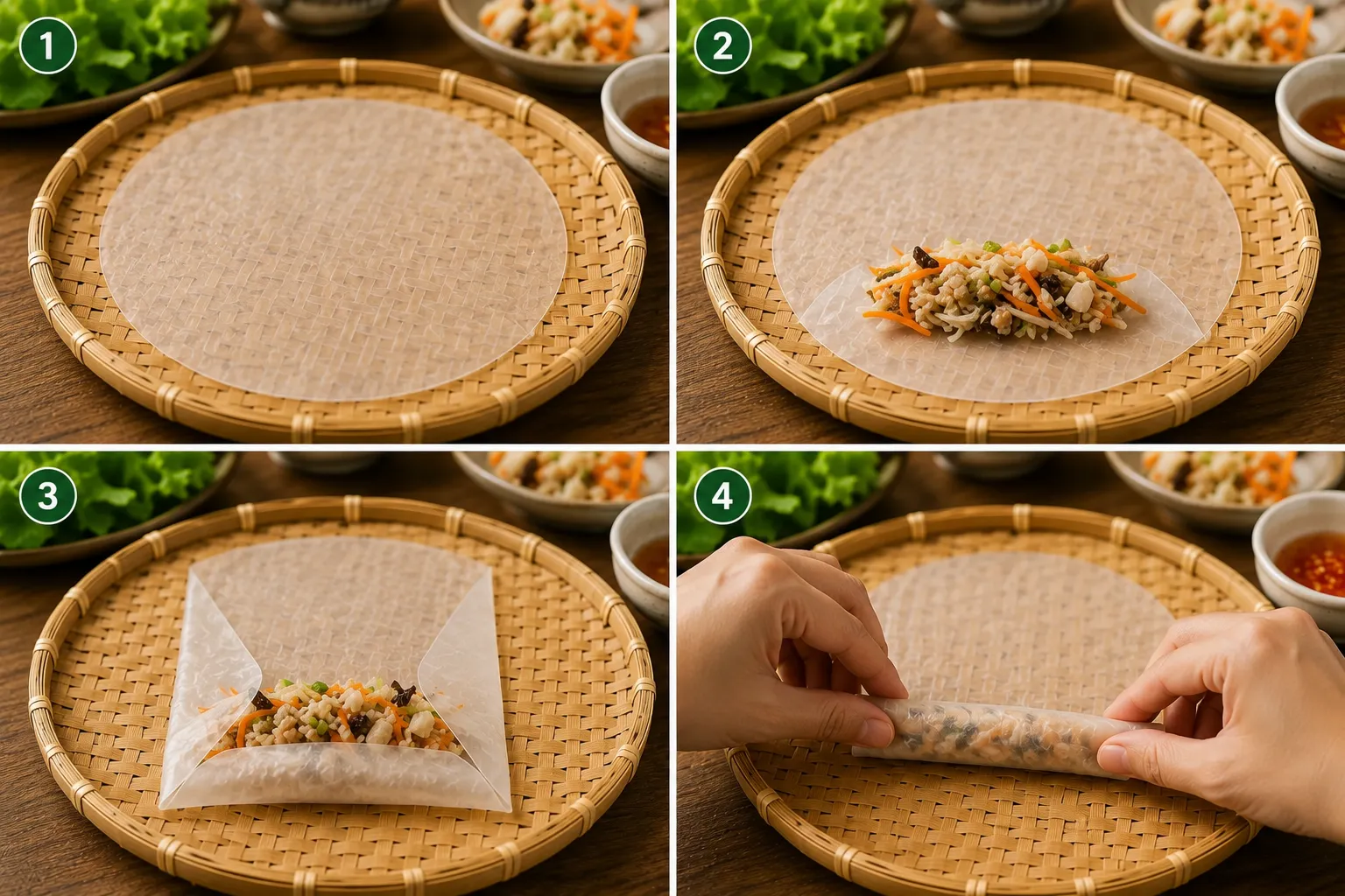 Các bước cuốn bánh chả giò đúng cách giúp thành phẩm đẹp và không bị rách.