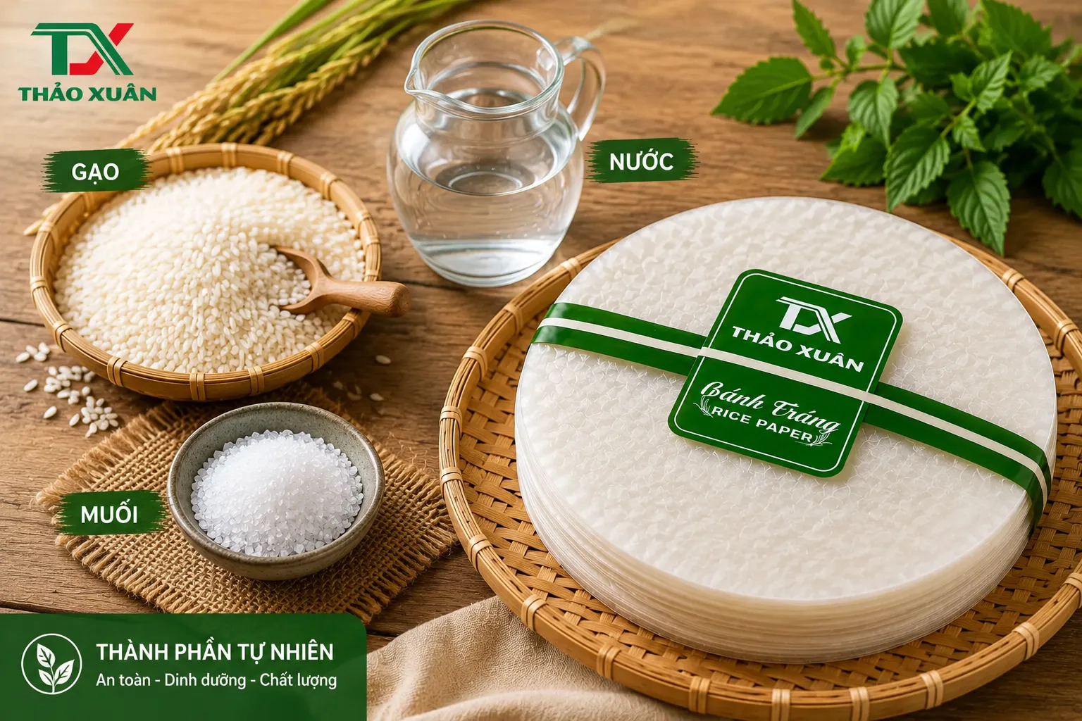 Bánh chả giò Thảo Xuân được làm từ gạo, nước và muối được chọn lọc kỹ lưỡng.