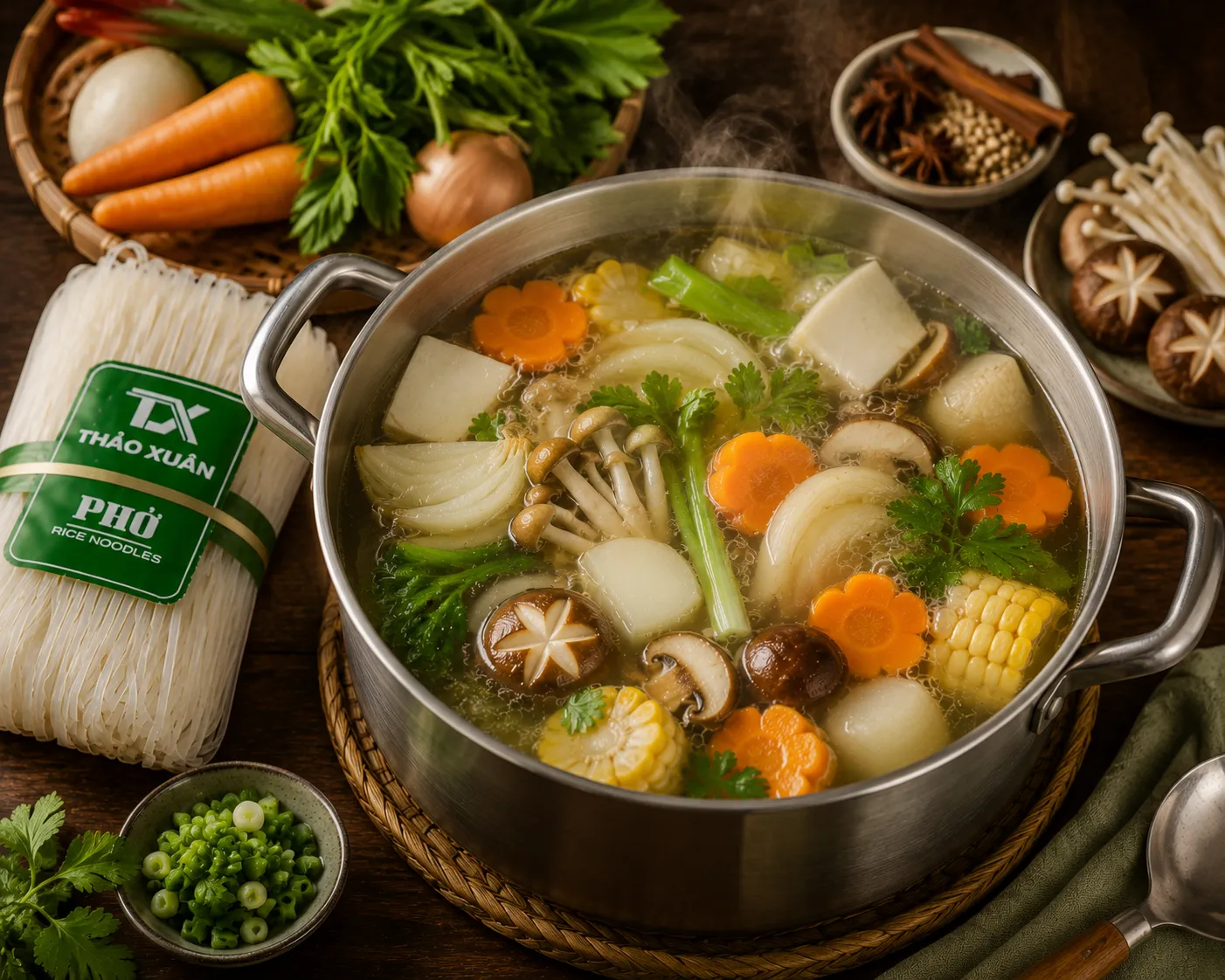 Tổng Hợp Công Thức Nấu Phở Thơm Ngon, Nước Dùng Đậm Đà Chuẩn Vị 8 Ninh rau củ giúp tạo vị ngọt thanh mà không cần xương.