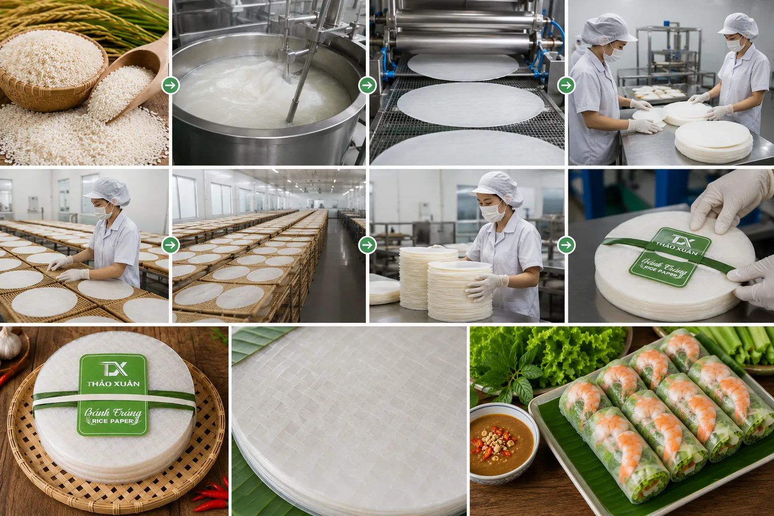 Quy trình sản xuất bánh tráng Thảo Xuân đảm bảo vệ sinh và chất lượng ổn định.