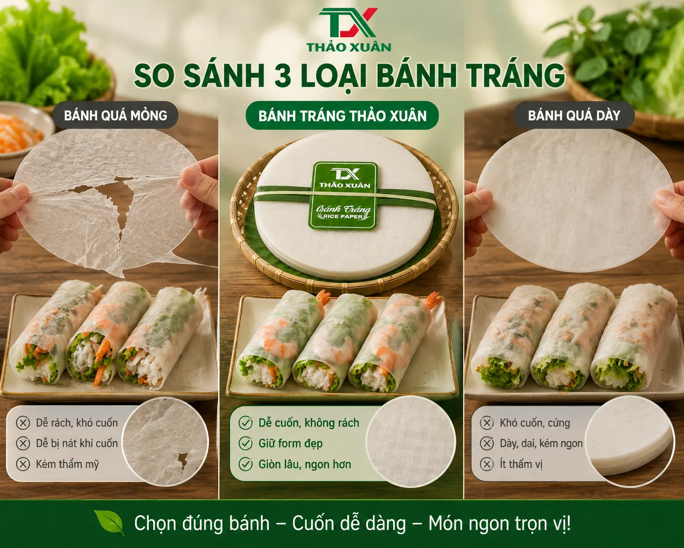 So sánh bánh tráng cuốn chả giò Thảo Xuân với các loại bánh tráng thông thường.