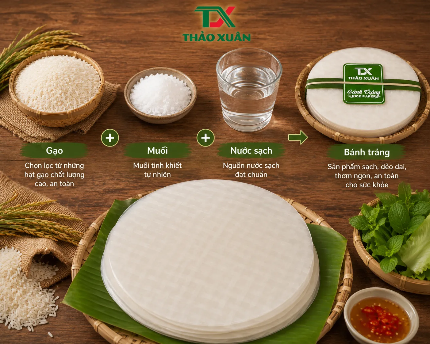 Bánh tráng cuốn chả giò được sản xuất từ gạo, nước sạch và muối, không chất bảo quản.
