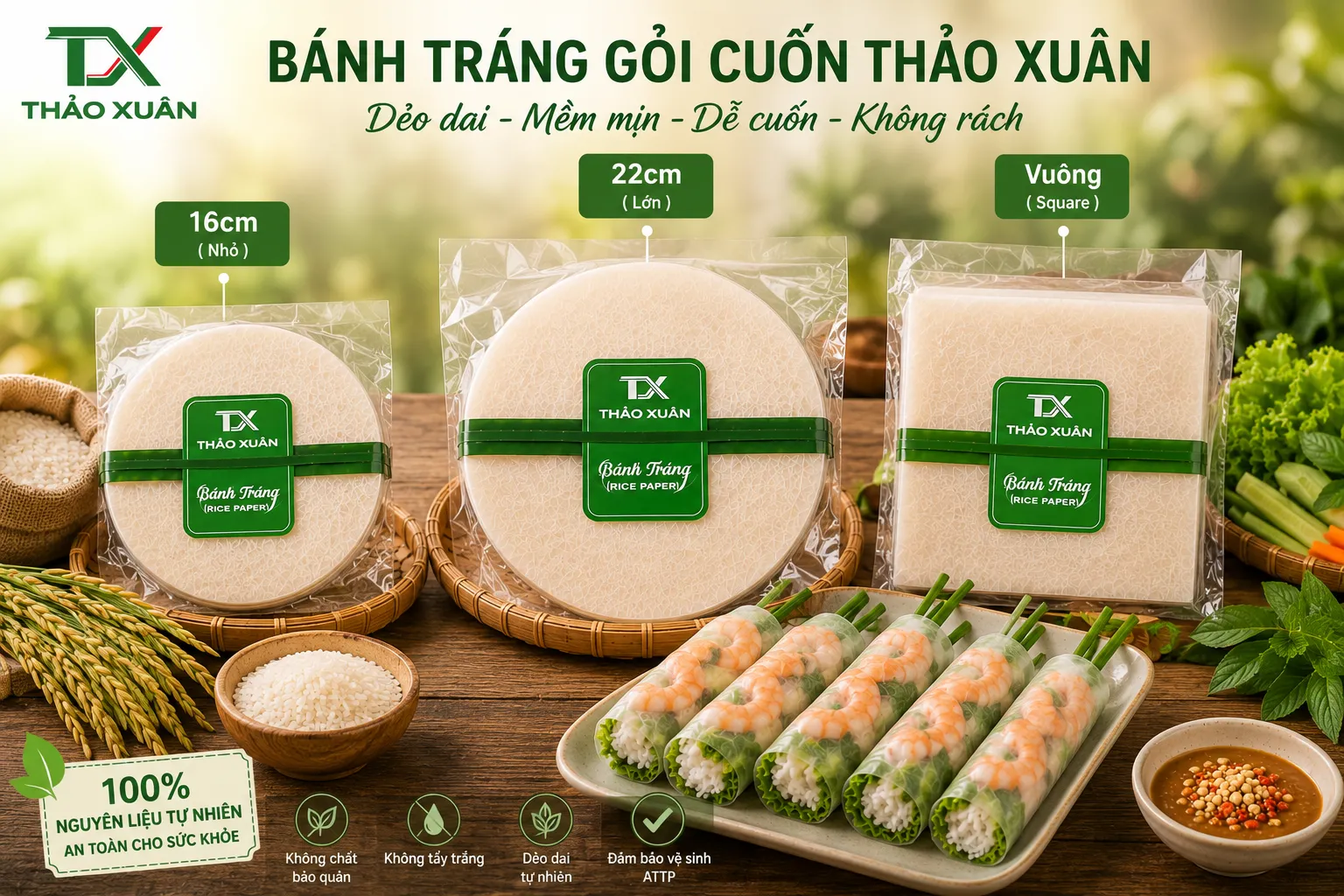 Bánh Tráng Gỏi Cuốn Thảo Xuân với nhiều quy cách đáp ứng nhu cầu gia đình và nhà hàng.