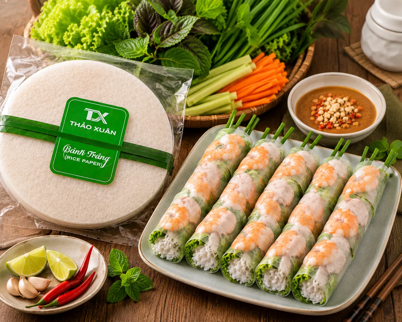 Bánh Đa Gỏi Cuốn Thảo Xuân mềm dẻo, dễ cuốn, phù hợp cho nhiều món cuốn Việt.