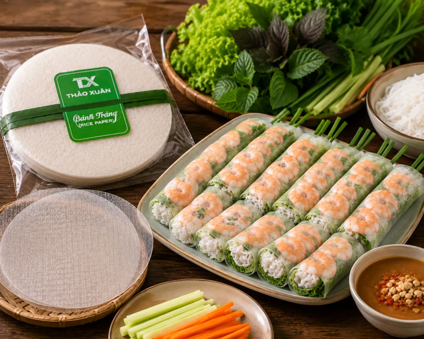 Bánh Tráng Gỏi Cuốn Thảo Xuân giúp cuốn đẹp, dai mềm và ít bị rách.